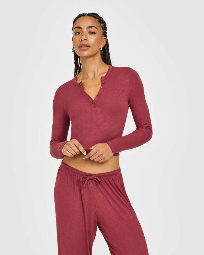 AT HOME NIGHT BUTTON DOWN LONG SLEEVE TOP