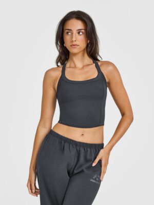 MELLOW RIB HALTER NECK MID TANK TOP WITH BUILT IN BRA SHELF